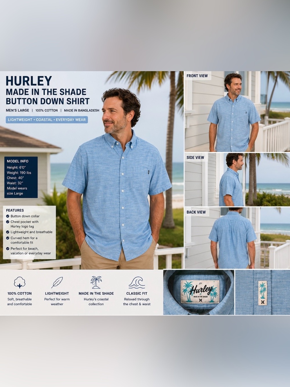 Hurley Made in the Shade Blue Cotton Button Down Shirt Men’s Large